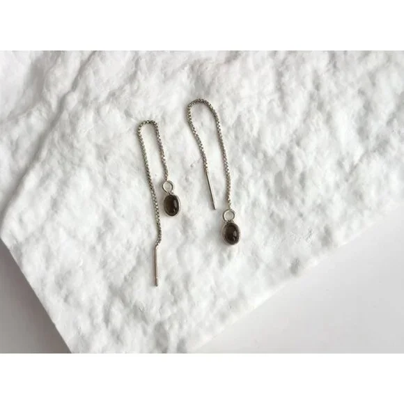 Teardrop Shaped Smoke Glass Threader Style Sterling Silver 925 Dangle Earrings - Picture 5 of 9